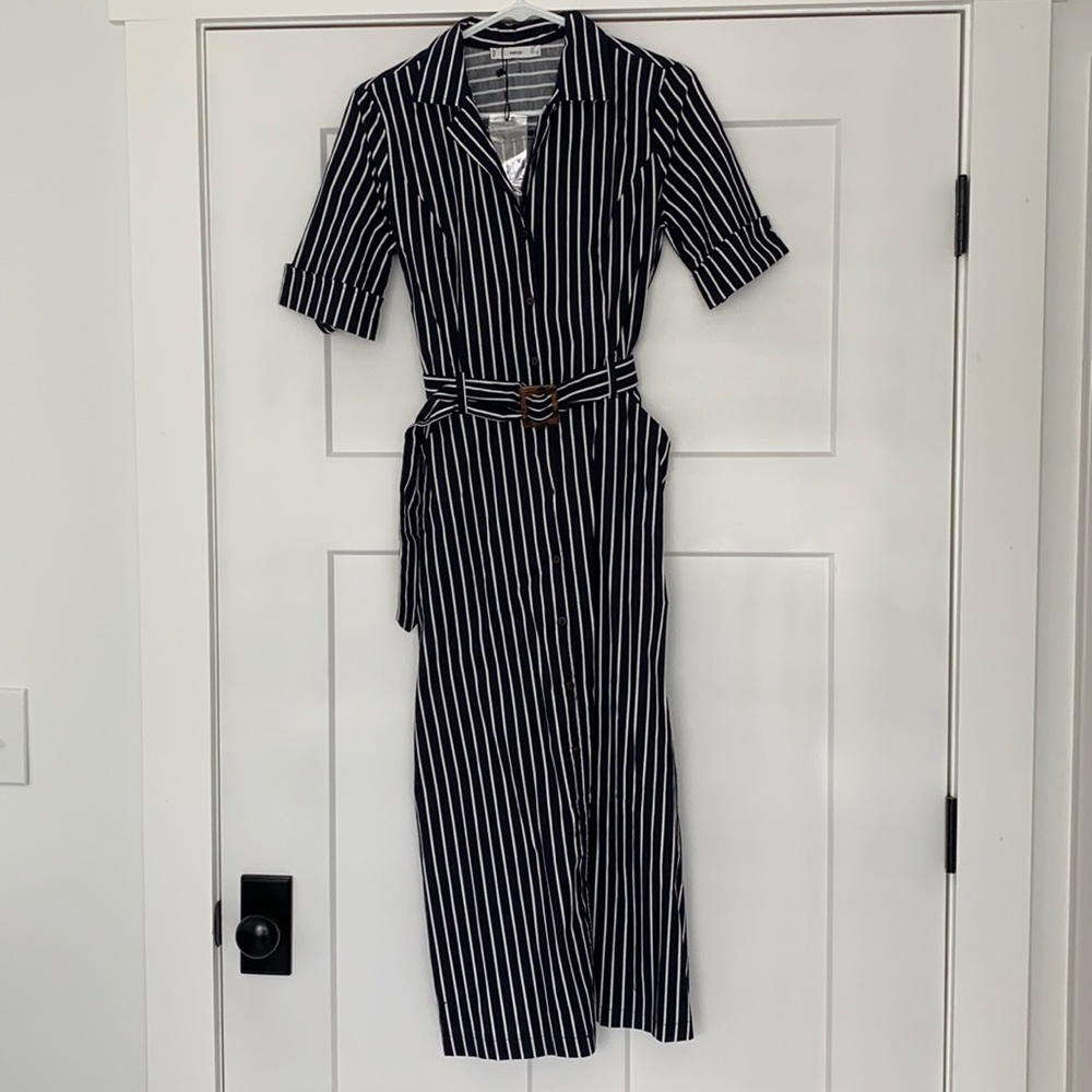 Mango Outlet Navy And White Midi Shirt Dress.